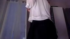 Young amateur cross dresser secretary teasing and masturbating in a sexy skirt and cute blouse back  Thumb
