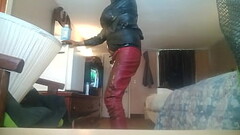 Leather farmer wearing a condom filled with piss and cum Thumb