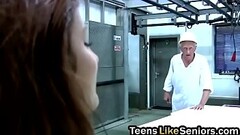 Old cook gets cock rode on by hot teen in kitchen Thumb
