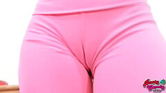 Busty Blonde Teen Shows Deep Cameltoe Pussy in Tight Spandex Thumb